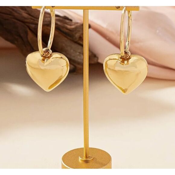 💛 NEW goldtone puffy heart dangle hoop earrings 💛 - Picture 2 of 6